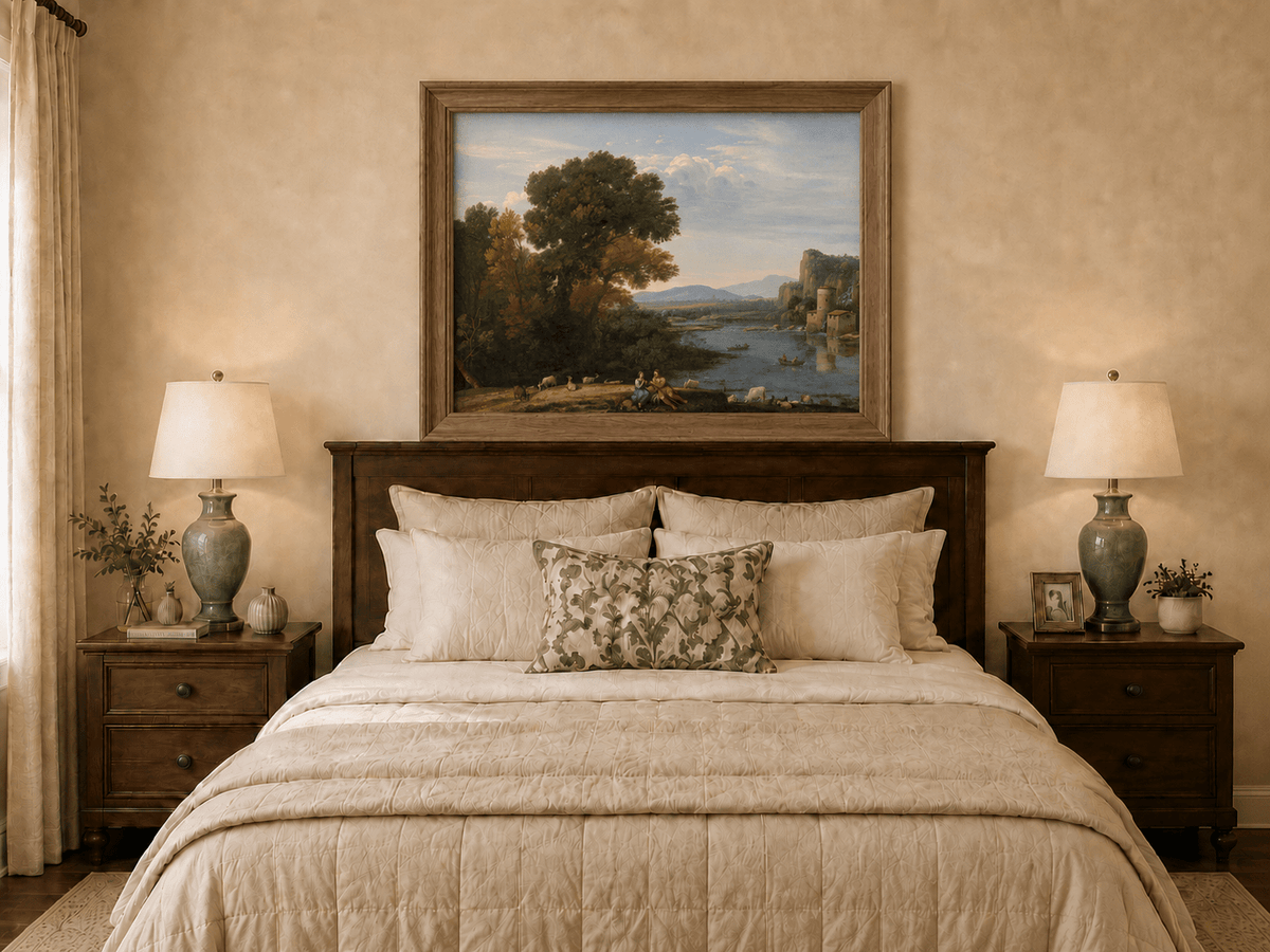 Landscape Oil Painting - River Scene with Figures & Animals