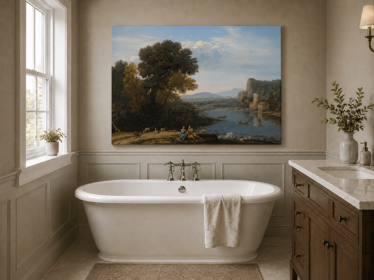 Landscape Oil Painting - River Scene with Figures & Animals