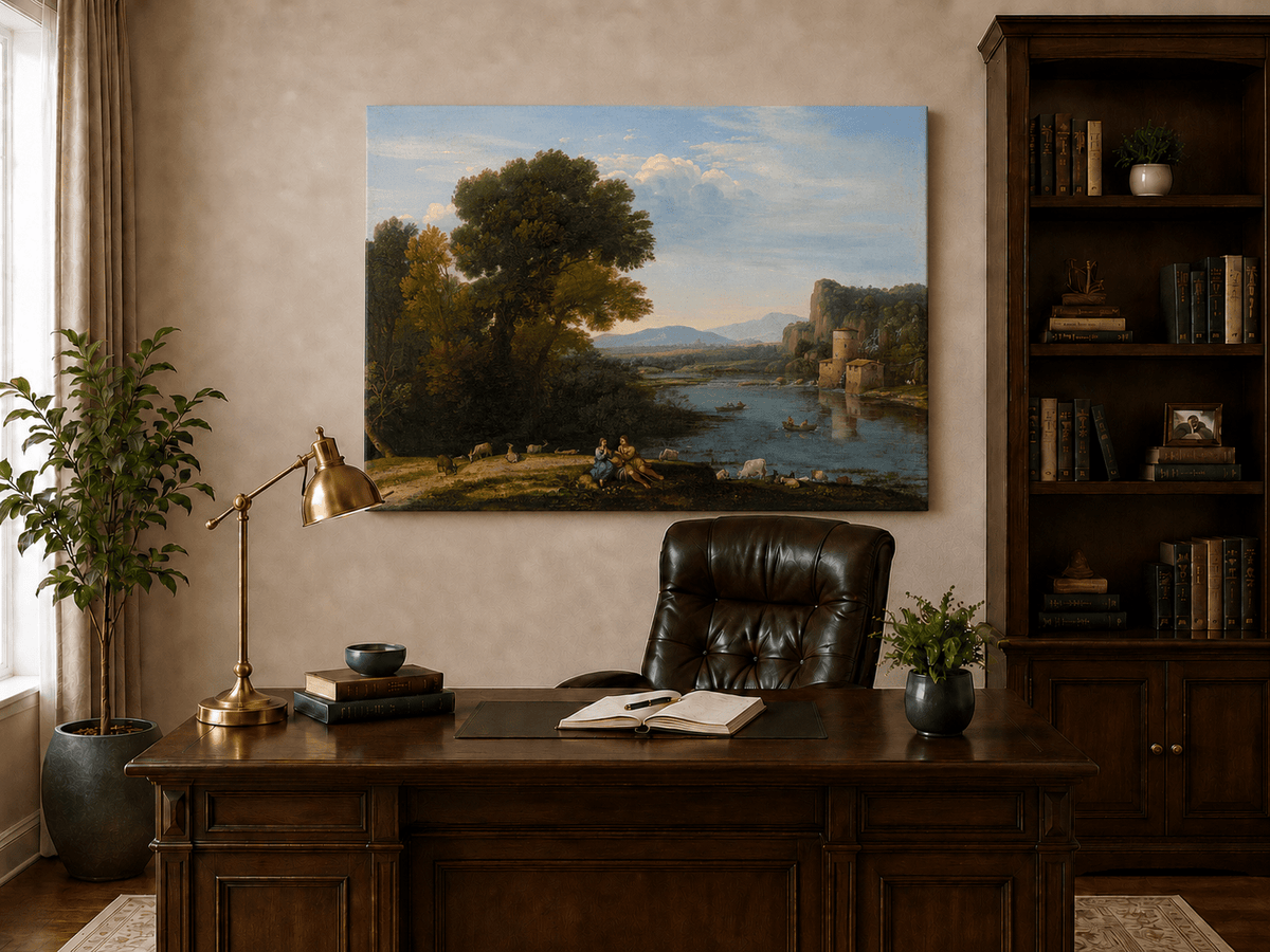 Landscape Oil Painting - River Scene with Figures & Animals