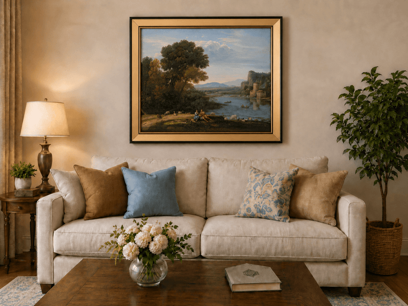 Landscape Oil Painting - River Scene with Figures & Animals