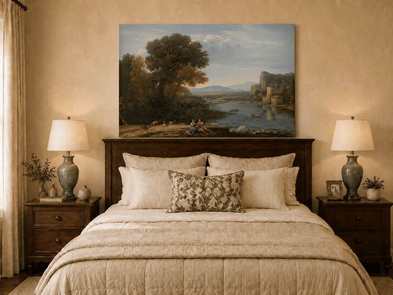 Landscape Oil Painting - River Scene with Figures & Animals