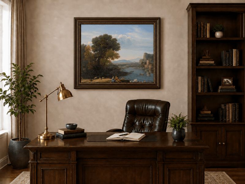 Landscape Oil Painting - River Scene with Figures & Animals