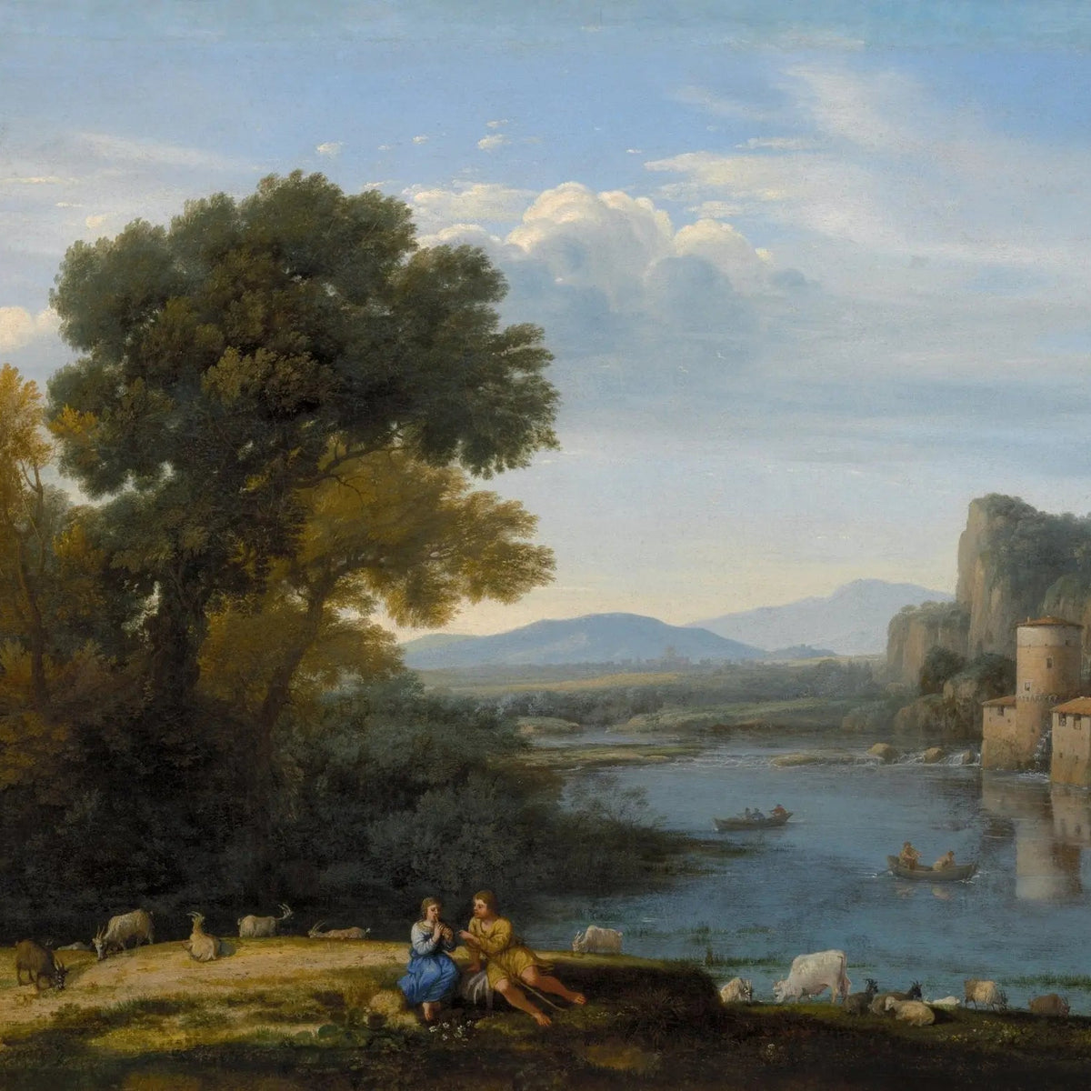 Landscape Oil Painting - River Scene with Figures & Animals - Oil Painting Haven