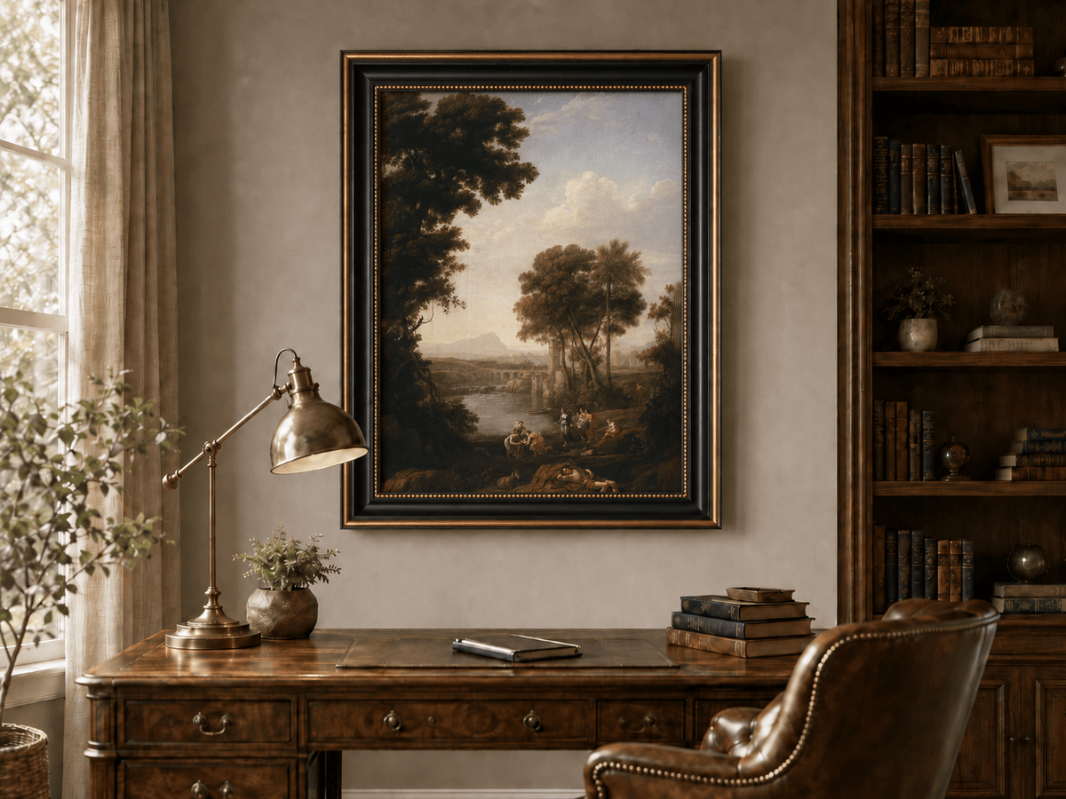 Landscape Oil Painting - River Scene with Figures