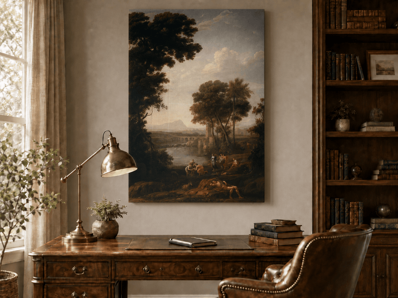 Landscape Oil Painting - River Scene with Figures