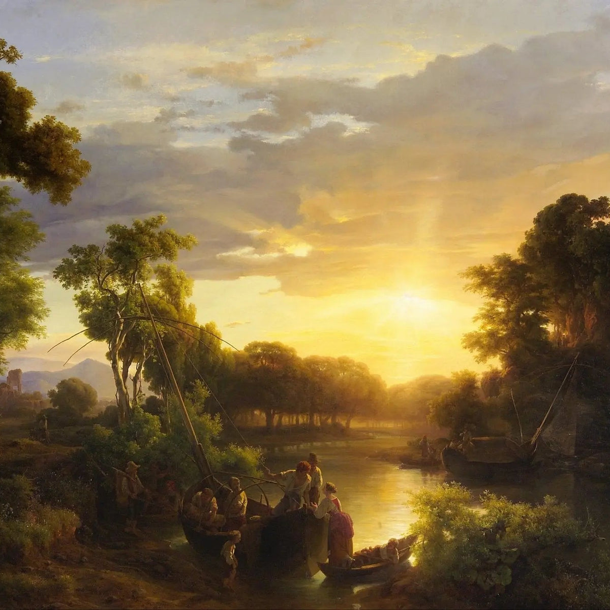 Landscape Oil Painting - River Sunset with Boats & Figures - Oil Painting Haven