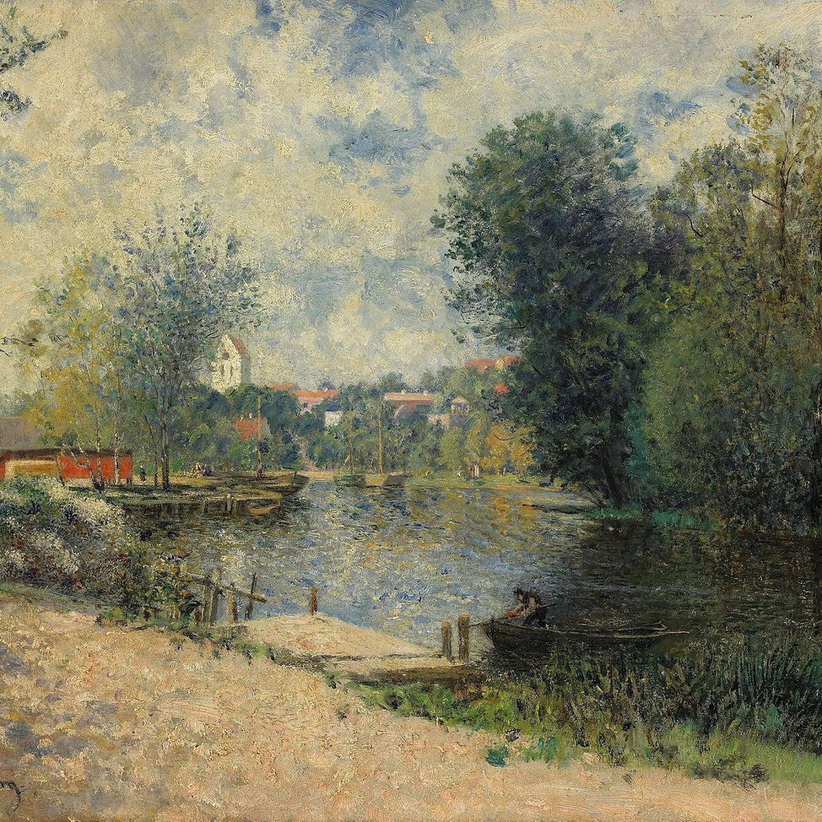 Landscape Oil Painting - River Town Riverside, Boat, Path & Buildings - Oil Painting Haven