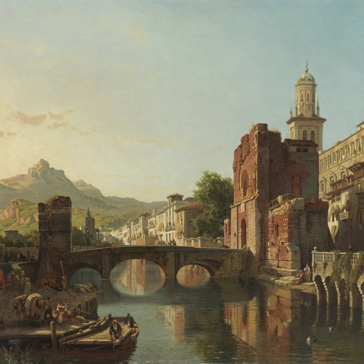 Landscape Oil Painting - River Town with Bridge & Mountains - Oil Painting Haven