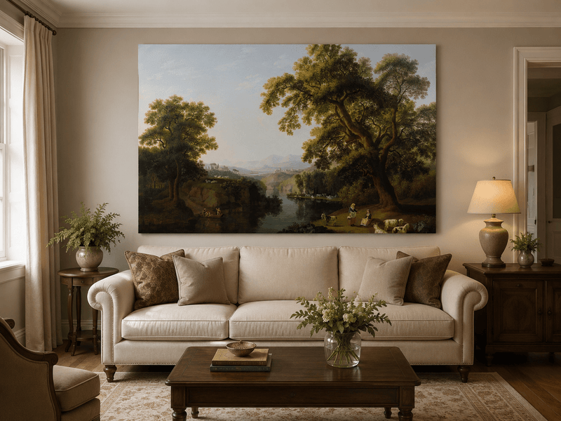 Landscape Oil Painting - River, Trees, Shepherdesses & Hill Town