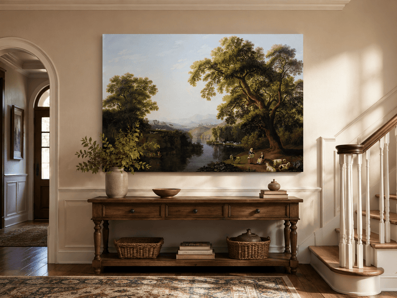 Landscape Oil Painting - River, Trees, Shepherdesses & Hill Town