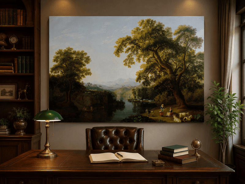Landscape Oil Painting - River, Trees, Shepherdesses & Hill Town