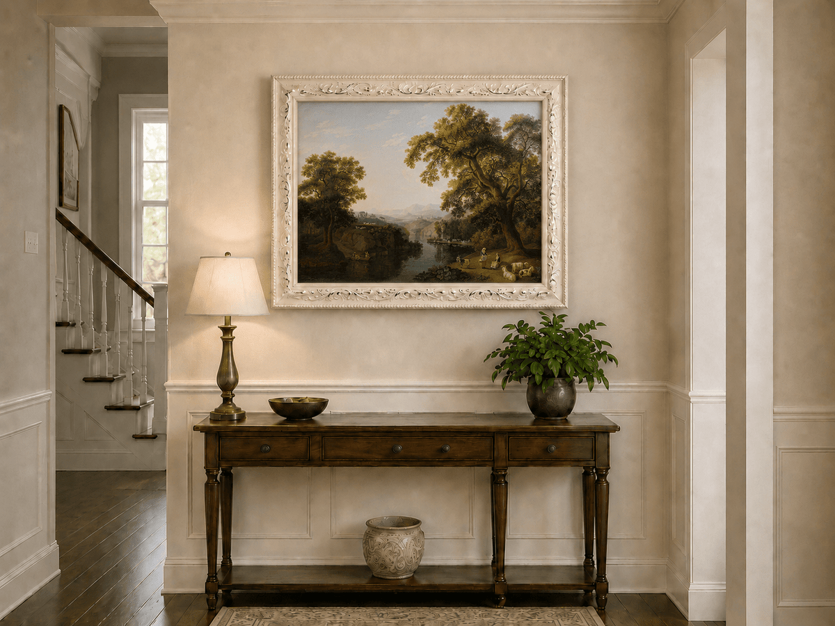 Landscape Oil Painting - River, Trees, Shepherdesses & Hill Town