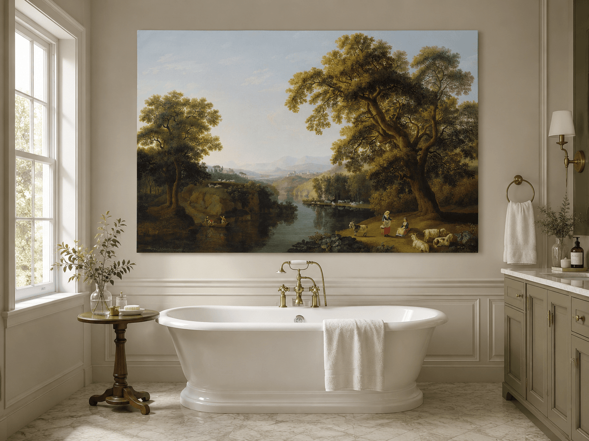 Landscape Oil Painting - River, Trees, Shepherdesses & Hill Town