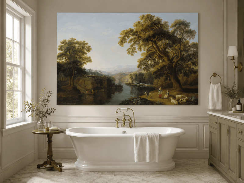 Landscape Oil Painting - River, Trees, Shepherdesses & Hill Town