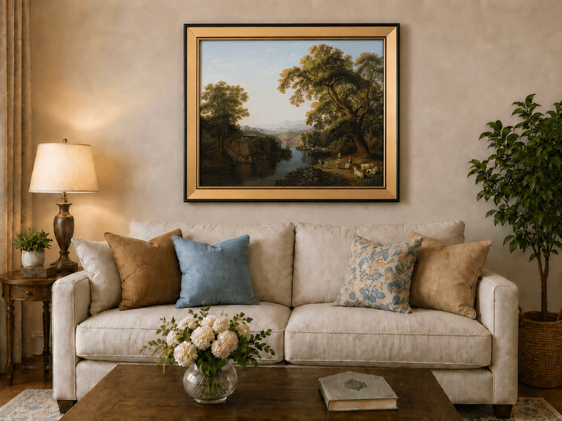 Landscape Oil Painting - River, Trees, Shepherdesses & Hill Town