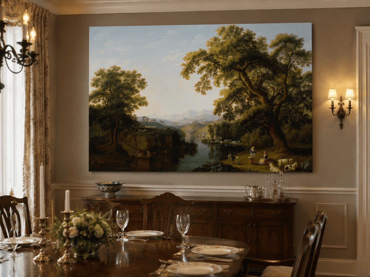Landscape Oil Painting - River, Trees, Shepherdesses & Hill Town