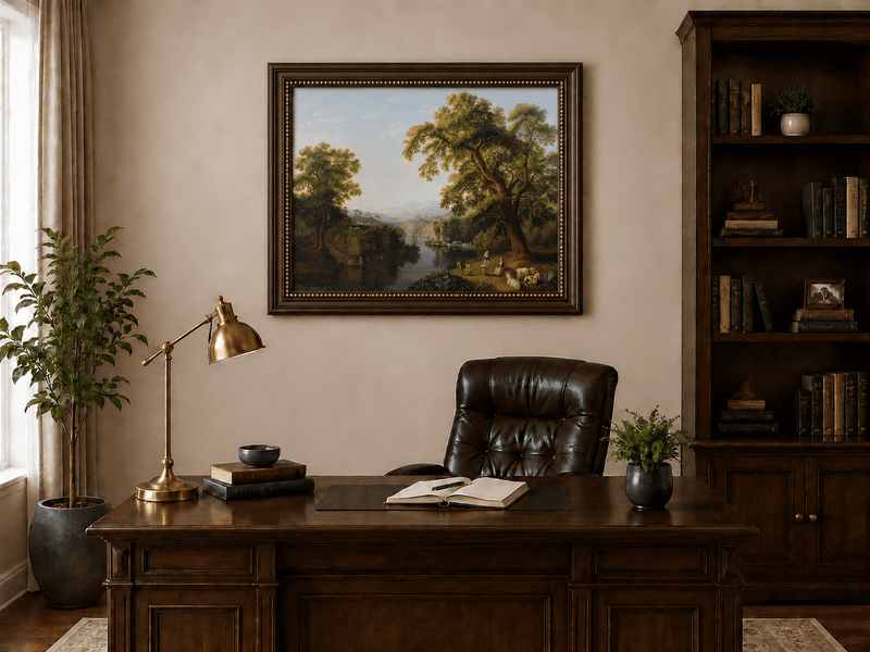 Landscape Oil Painting - River, Trees, Shepherdesses & Hill Town