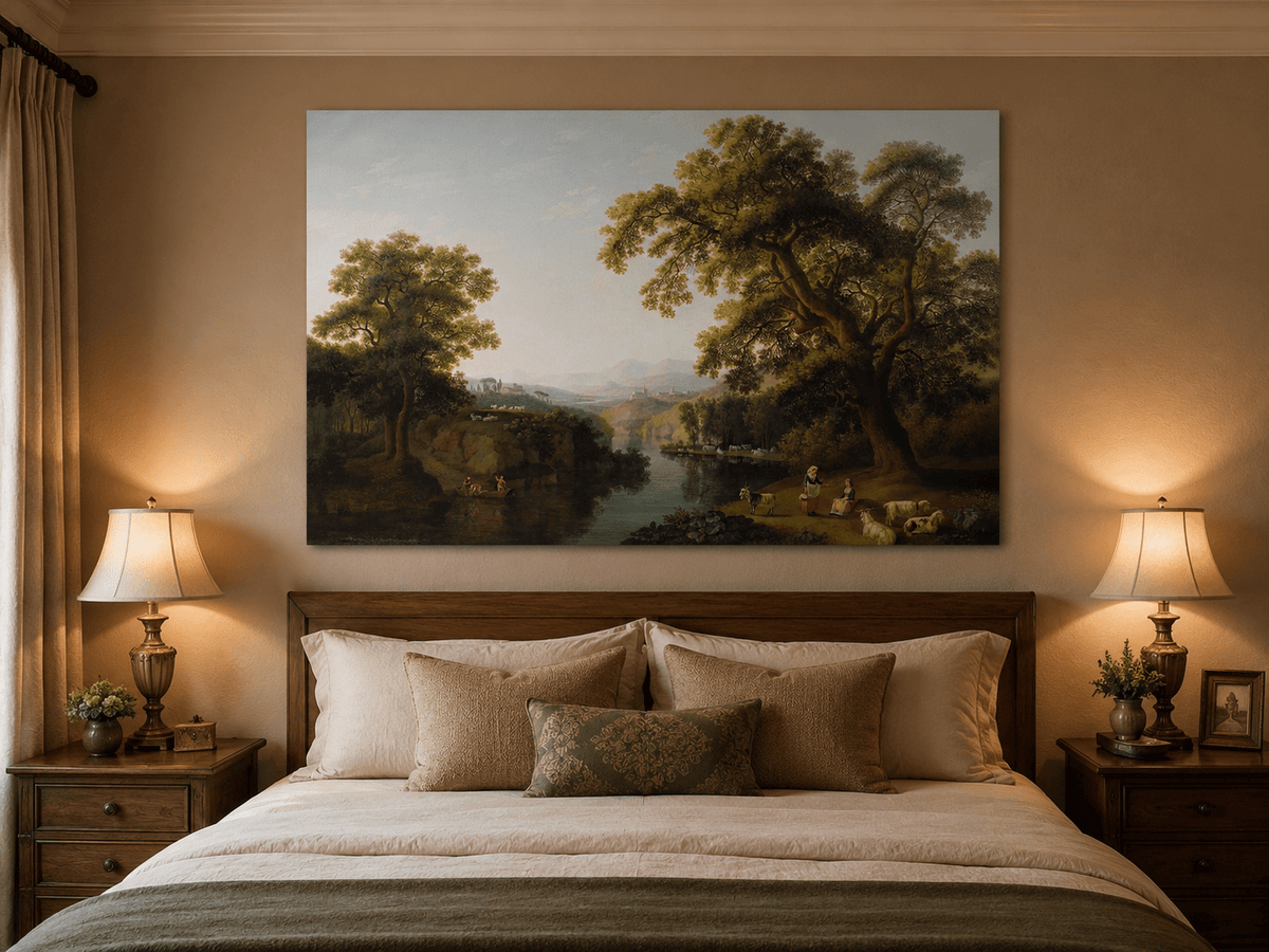 Landscape Oil Painting - River, Trees, Shepherdesses & Hill Town