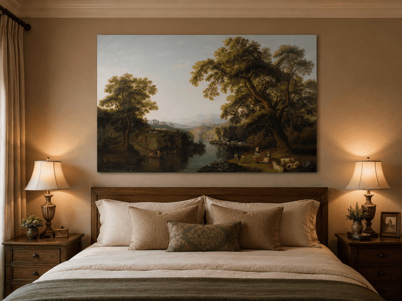 Landscape Oil Painting - River, Trees, Shepherdesses & Hill Town