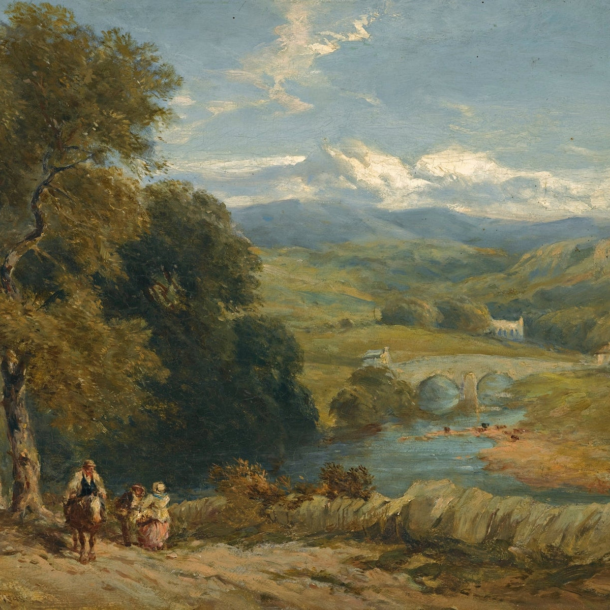 Hand-painted river valley bridge and figures at dusk landscape oil painting on canvas