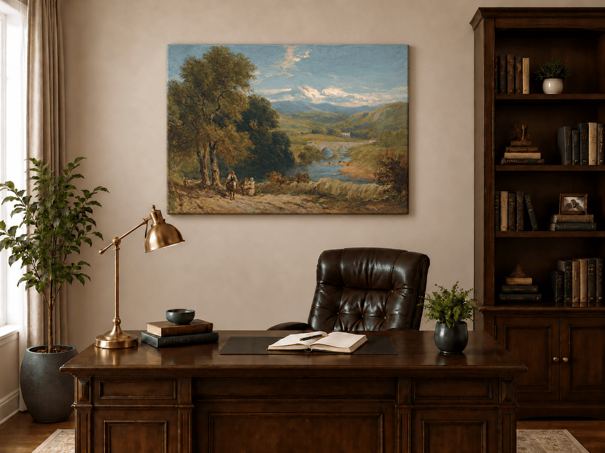 Peinture à l'huile de paysage - Gouffre rocheux spectaculaire avec personnages