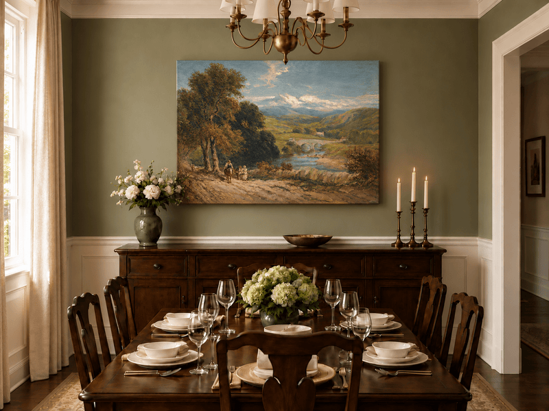 Peinture à l'huile de paysage - Gouffre rocheux spectaculaire avec personnages