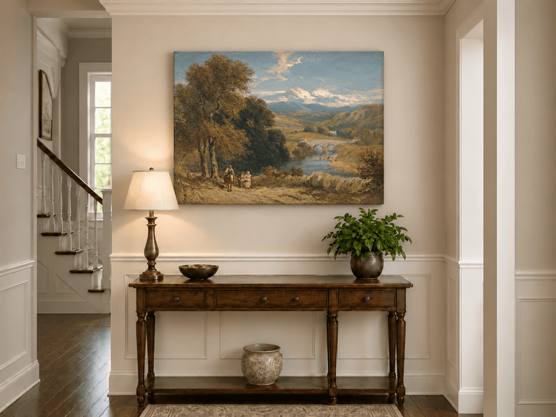 Peinture à l'huile de paysage - Gouffre rocheux spectaculaire avec personnages
