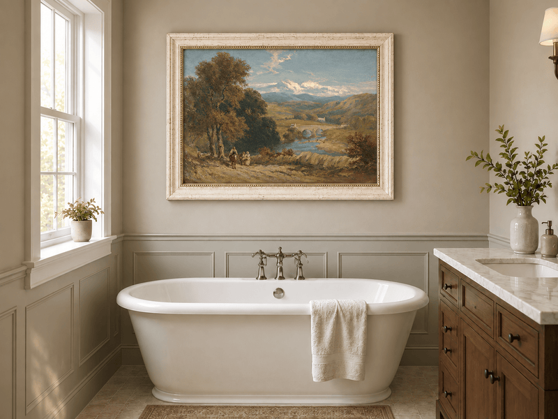 Peinture à l'huile de paysage - Gouffre rocheux spectaculaire avec personnages