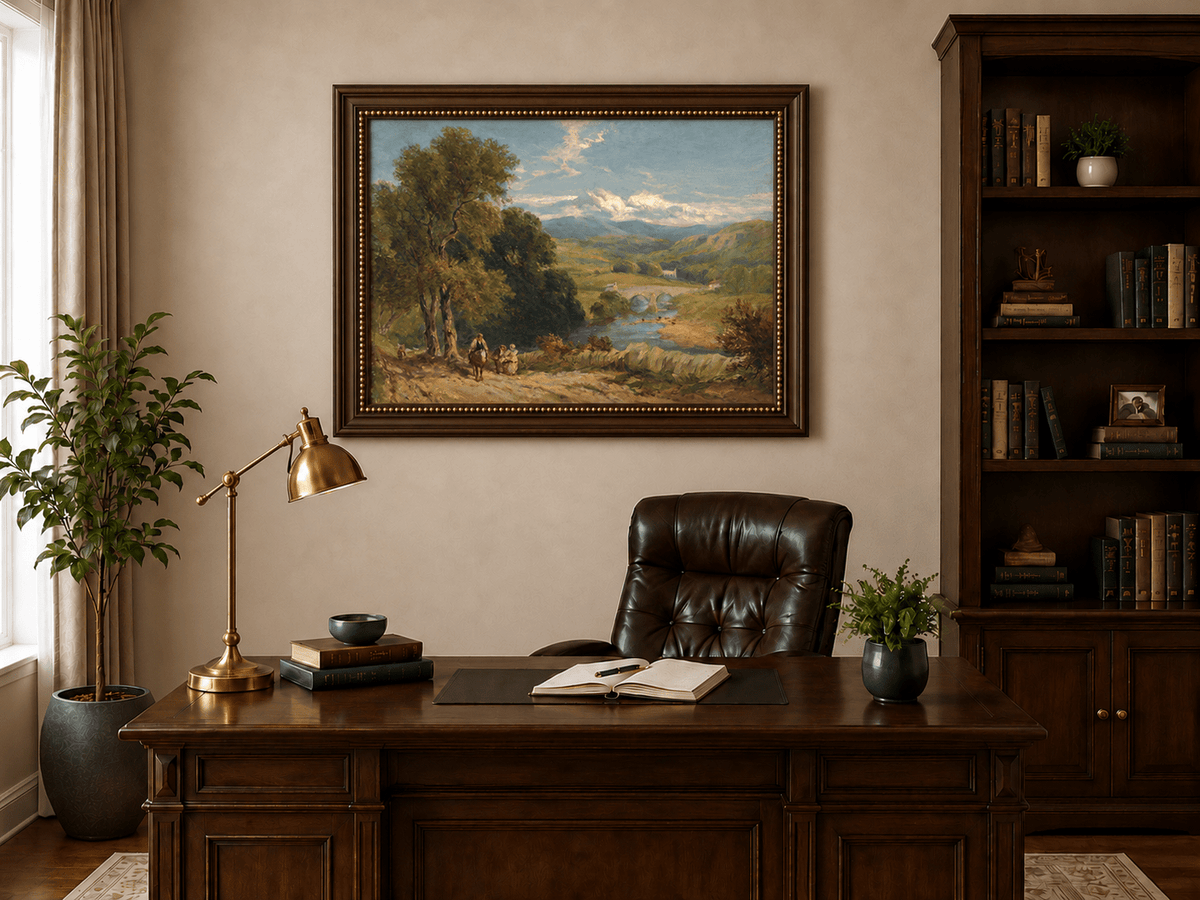 Peinture à l'huile de paysage - Gouffre rocheux spectaculaire avec personnages