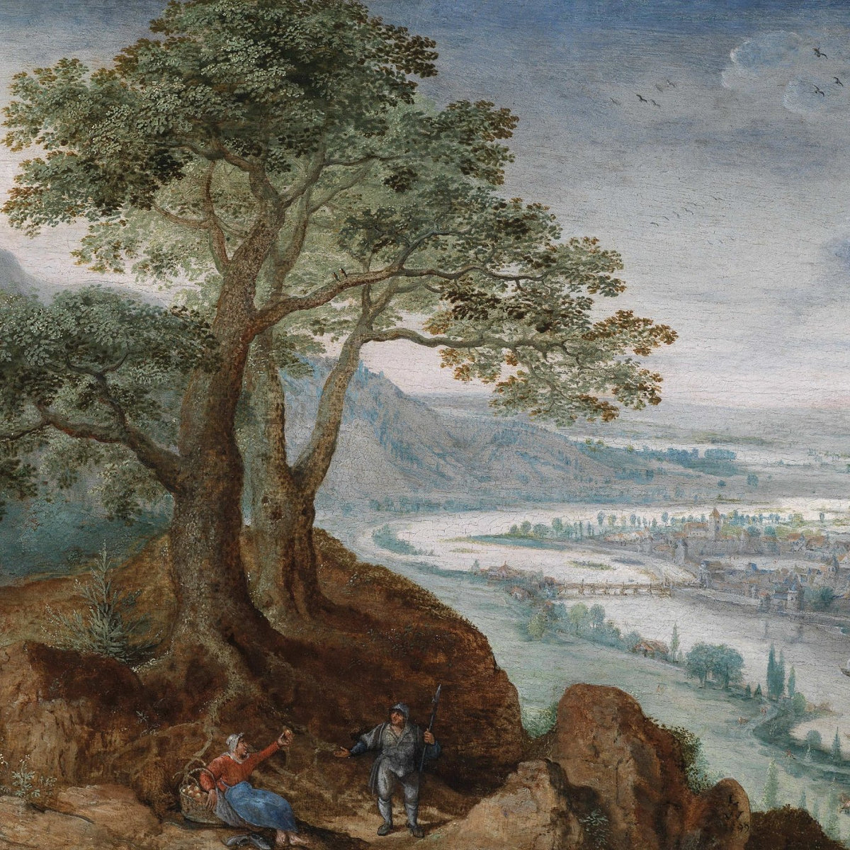 Landscape Oil Painting - River Valley, Giant Tree, Figures & Town - Oil Painting Haven