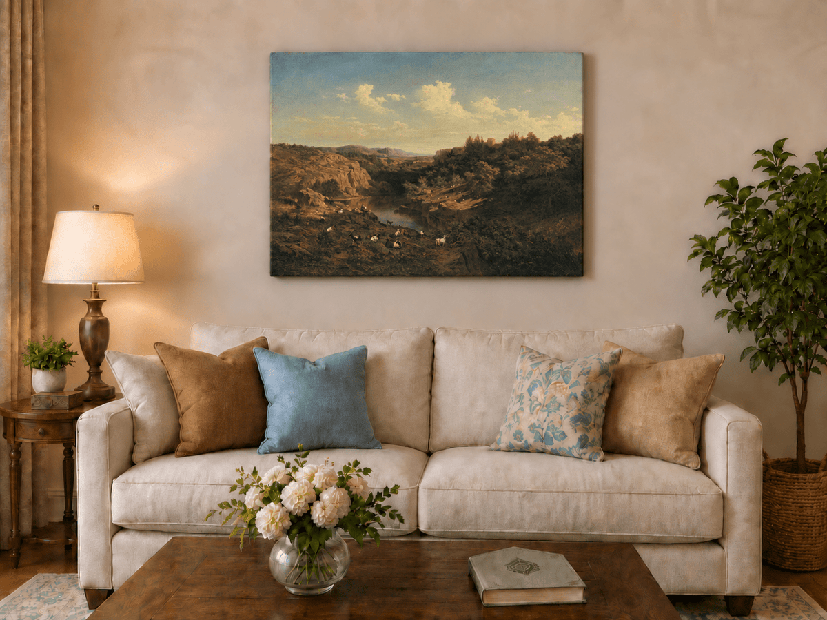 Landscape Oil Painting - River Valley Goats & Rocky Terrain