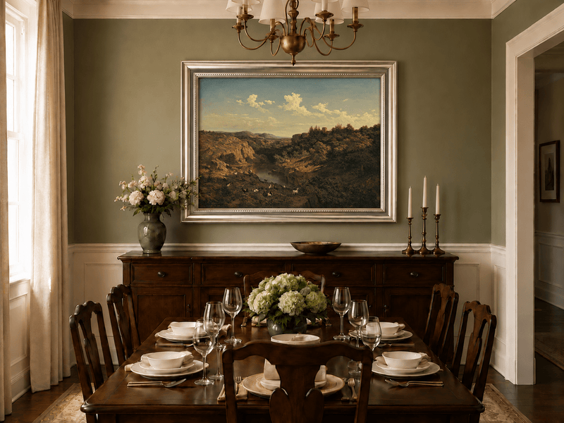 Landscape Oil Painting - River Valley Goats & Rocky Terrain