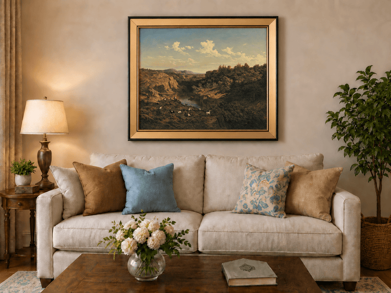 Landscape Oil Painting - River Valley Goats & Rocky Terrain