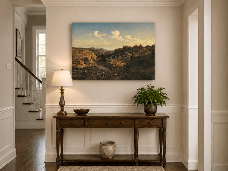 Landscape Oil Painting - River Valley Goats & Rocky Terrain