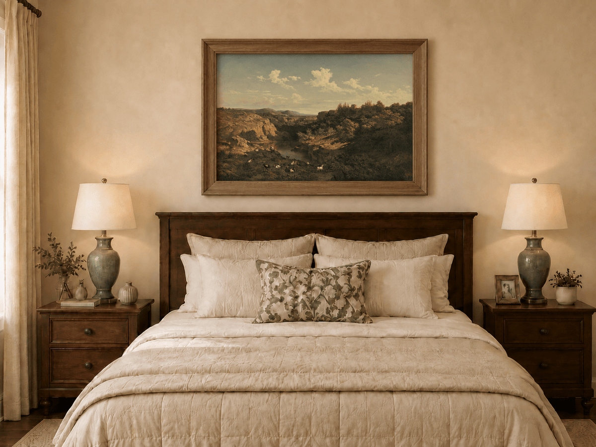 Landscape Oil Painting - River Valley Goats & Rocky Terrain