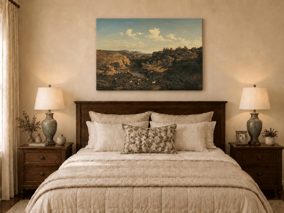 Landscape Oil Painting - River Valley Goats & Rocky Terrain