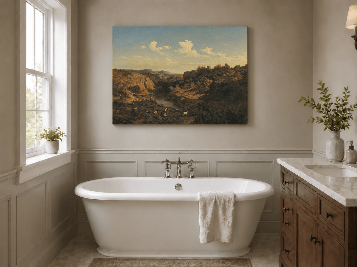 Landscape Oil Painting - River Valley Goats & Rocky Terrain