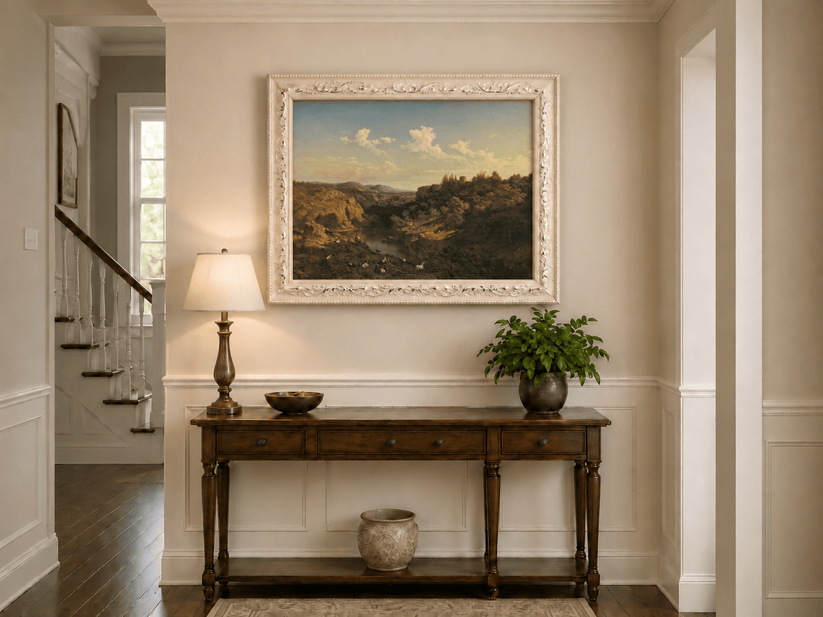 Landscape Oil Painting - River Valley Goats & Rocky Terrain