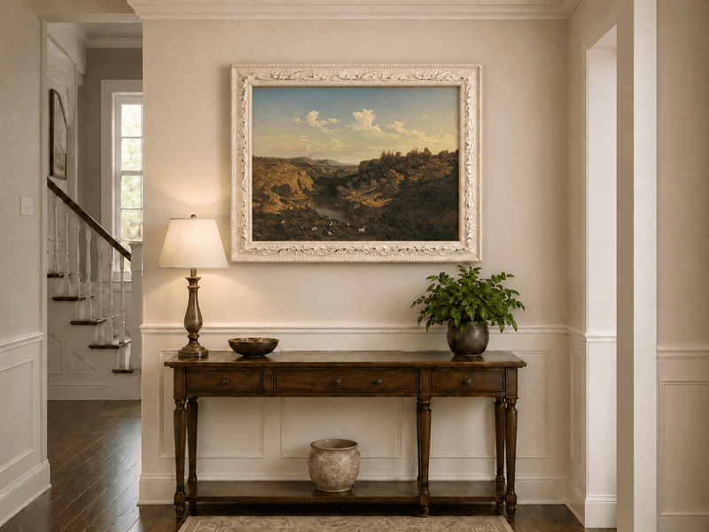 Landscape Oil Painting - River Valley Goats & Rocky Terrain