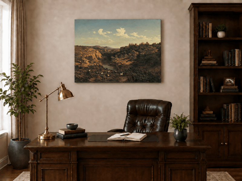 Landscape Oil Painting - River Valley Goats & Rocky Terrain