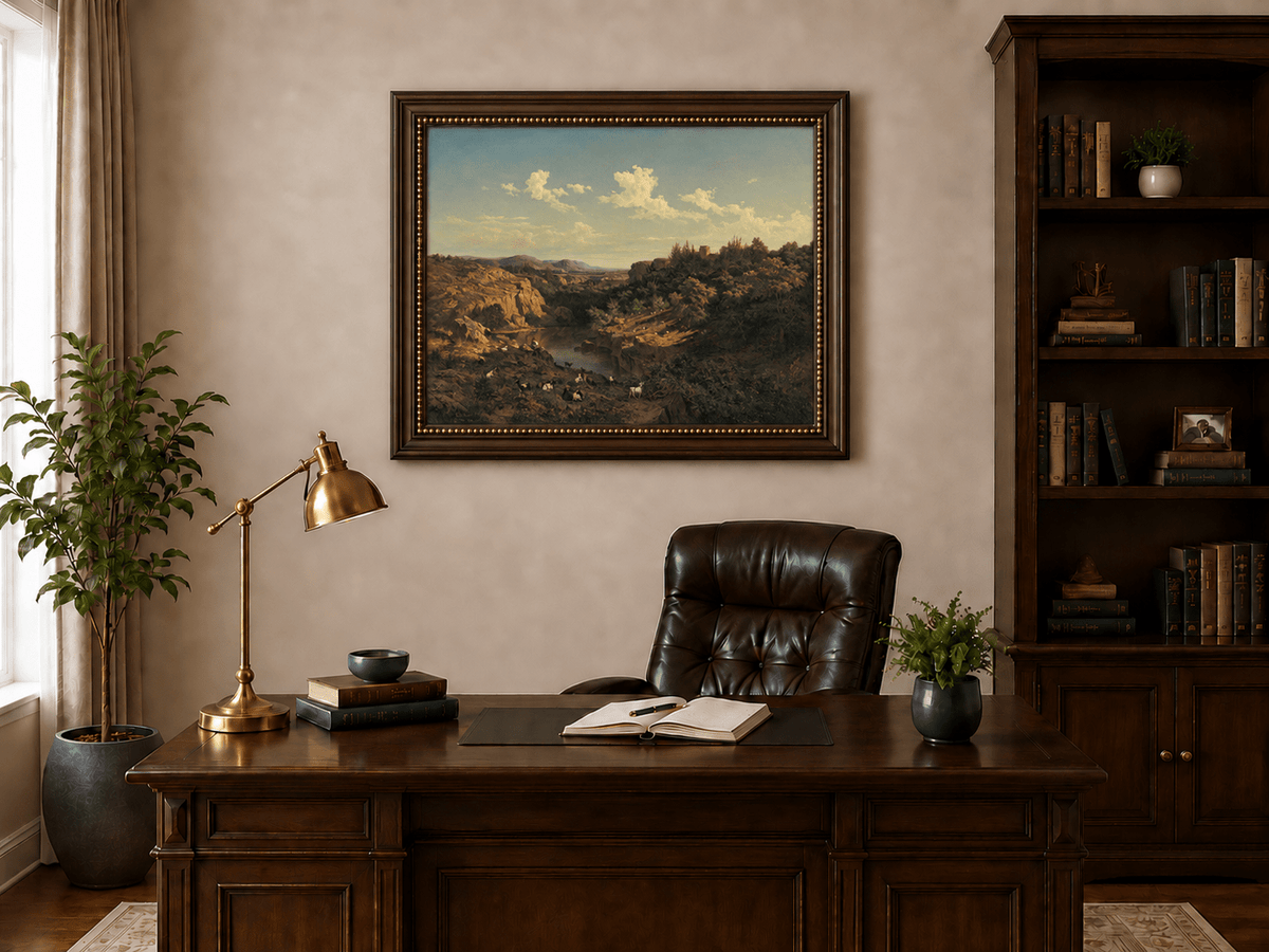 Landscape Oil Painting - River Valley Goats & Rocky Terrain