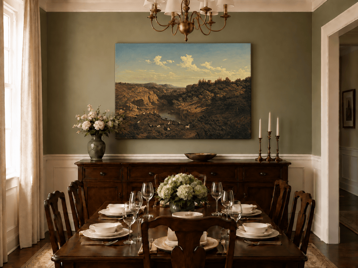 Landscape Oil Painting - River Valley Goats & Rocky Terrain