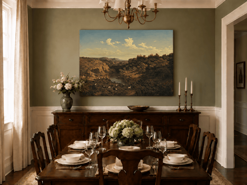 Landscape Oil Painting - River Valley Goats & Rocky Terrain