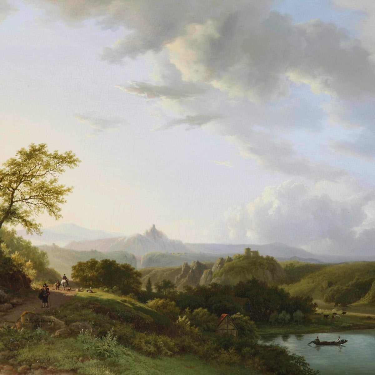Landscape Oil Painting - River Valley Path with Boat and Hills - Oil Painting Haven