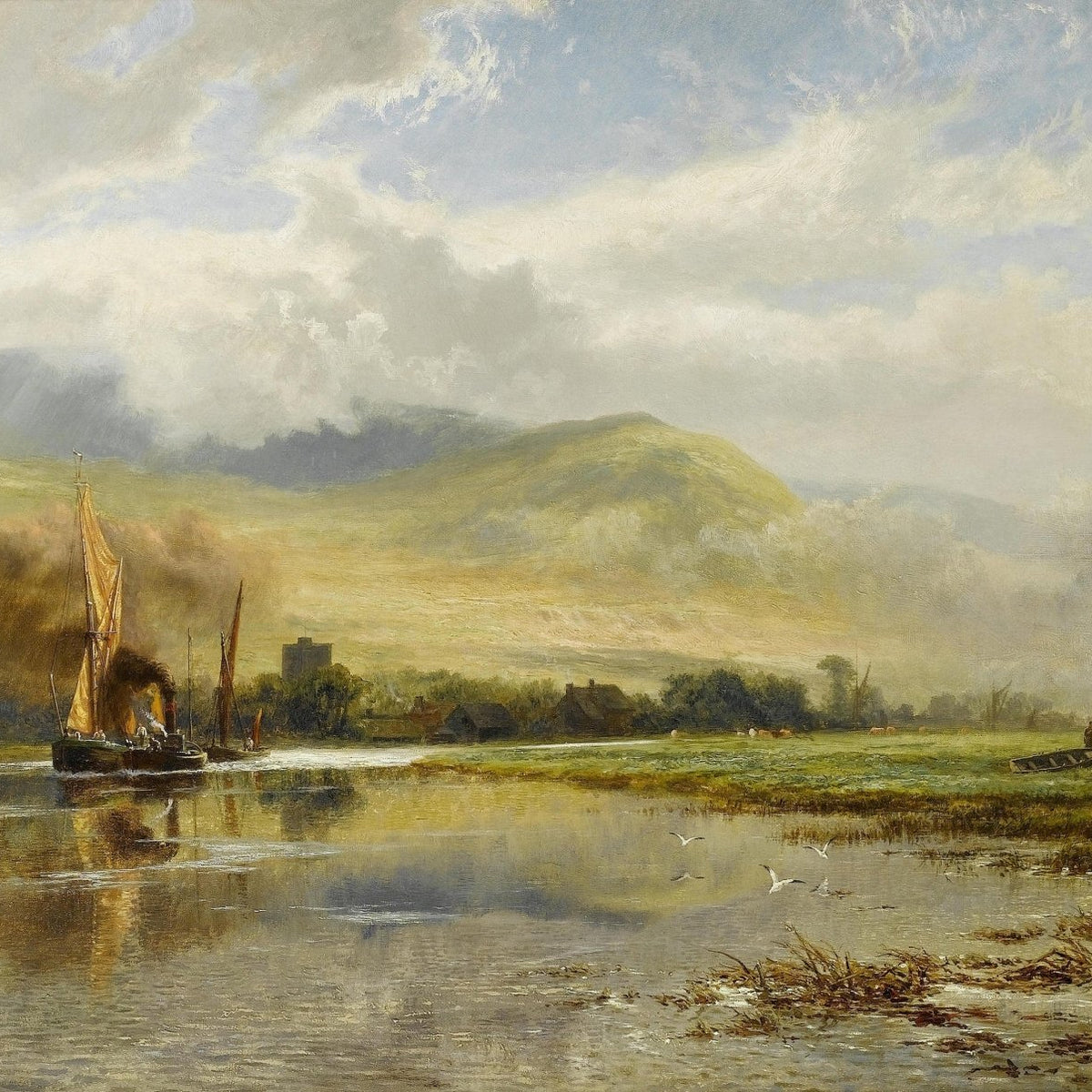 Landscape Oil Painting - River valley sailboat scene & rolling hills - Oil Painting Haven