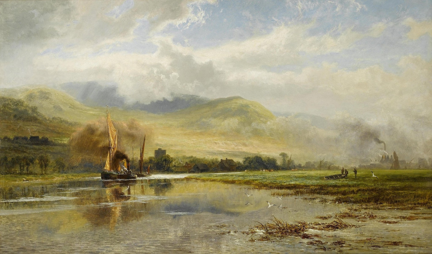 Landscape Oil Painting - River valley sailboat scene & rolling hills - Oil Painting Haven