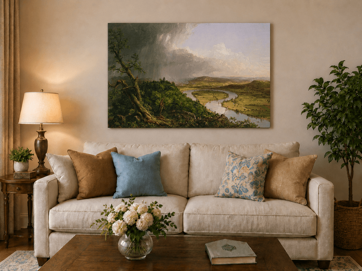 Landscape Oil Painting - River Valley Storm Clouds & Figures
