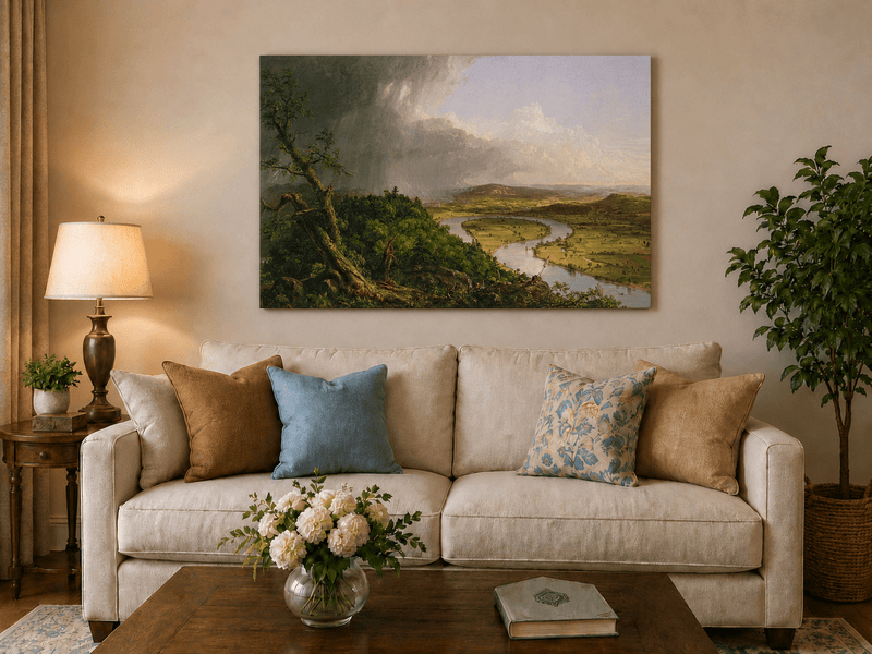 Landscape Oil Painting - River Valley Storm Clouds & Figures