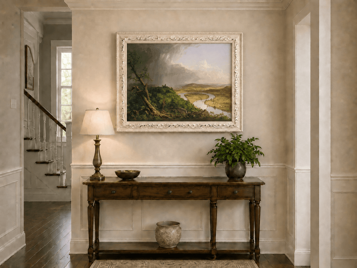 Landscape Oil Painting - River Valley Storm Clouds & Figures