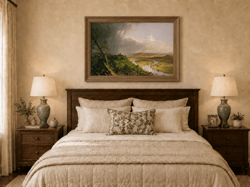 Landscape Oil Painting - River Valley Storm Clouds & Figures